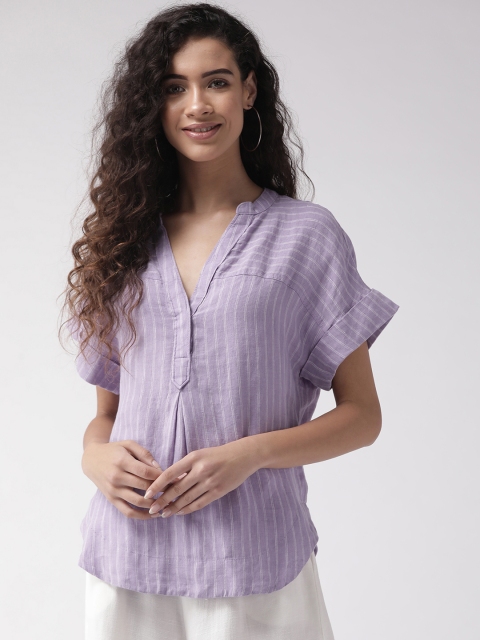 

Marks & Spencer Women Lavender Linen Striped Shirt Style Top