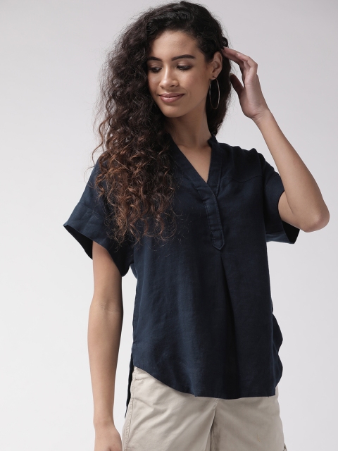 

Marks & Spencer Women Navy Blue Solid Linen High-Low Top