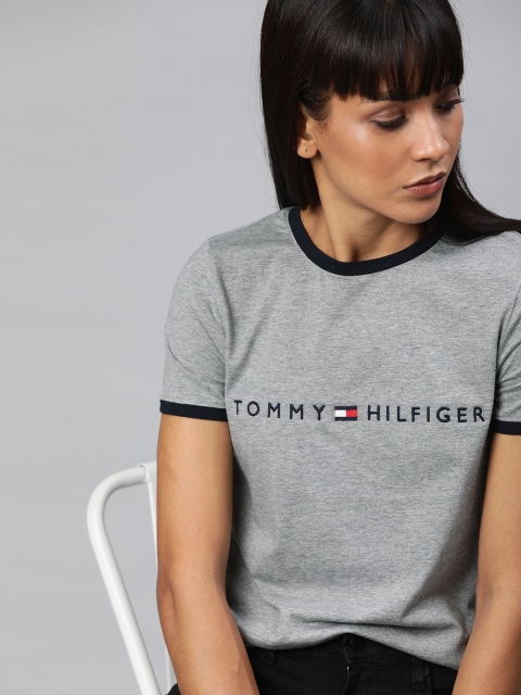 

Tommy Hilfiger Women Grey Solid Round Neck T-shirt with Printed Detail