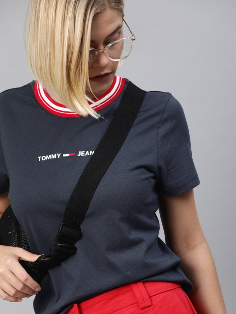 

Tommy Hilfiger Women Navy Blue Solid Round Neck T-shirt with Print Detail