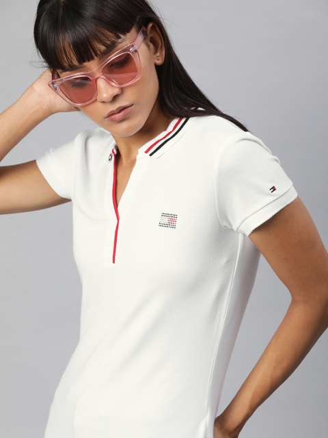 

Tommy Hilfiger Women White Solid Slim Fit Polo Collar T-shirt