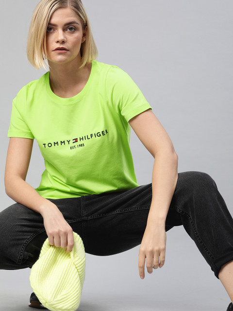 

Tommy Hilfiger Women Florescent Green Solid Round Neck T-shirt with Embroidered Detail, Fluorescent green
