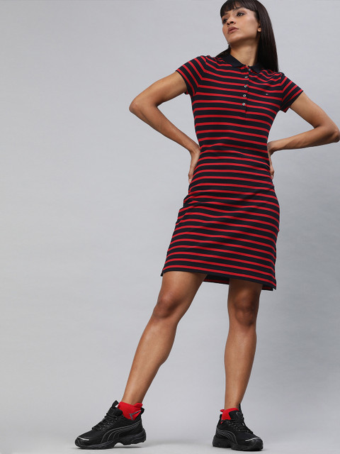 

Tommy Hilfiger Women Black & Red Striped Slim Fit T-shirt Dress