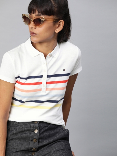 

Tommy Hilfiger Women White & Navy Blue Striped Slim Fit Polo Collar T-shirt