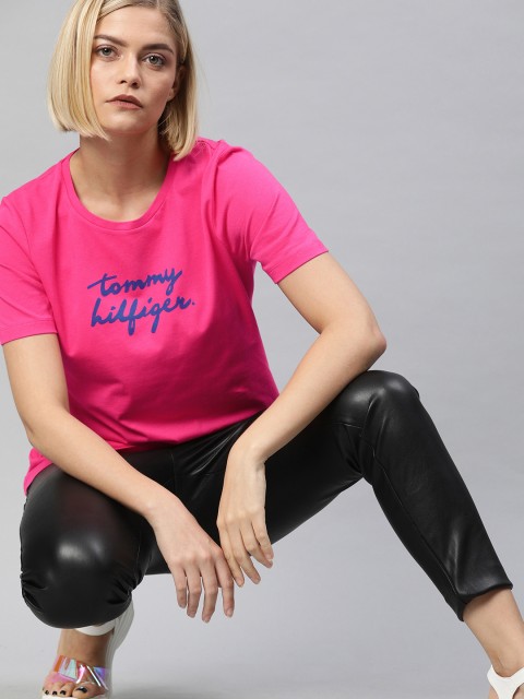 

Tommy Hilfiger Women Pink Solid Round Neck T-shirt with Printed Detail