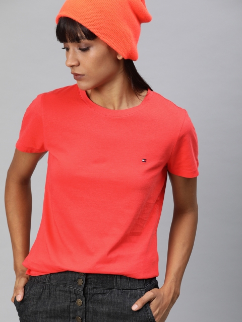 

Tommy Hilfiger Women Coral Red Solid Round Neck T-shirt
