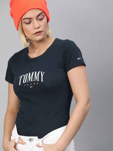 

Tommy Hilfiger Women Blue Solid Round Neck T-shirt with Printed Detail