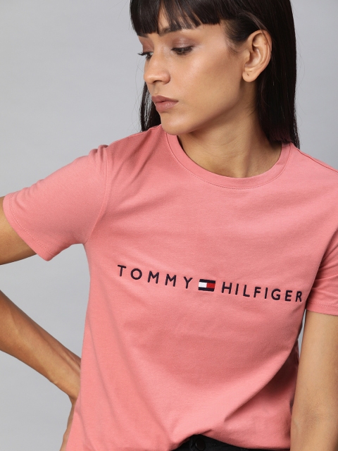 

Tommy Hilfiger Women Pink Solid Round Neck T-shirt with Embroidered Detail