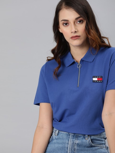 

Tommy Hilfiger Women Blue Solid Polo Collar T-shirt With Applique Detailing