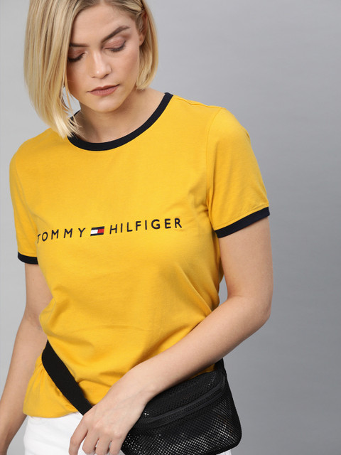 

Tommy Hilfiger Women Yellow Solid Round Neck T-shirt with Embroidered Detail