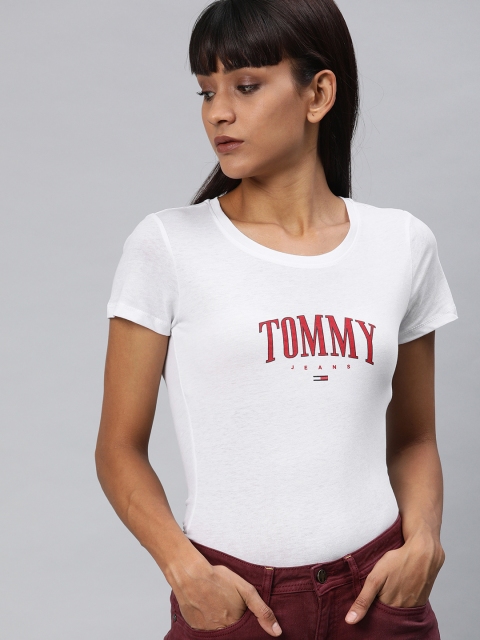 

Tommy Hilfiger Women White Solid Round Neck Pure Cotton T-shirt with Printed Detail