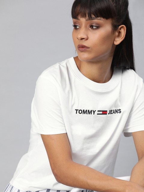 

Tommy Hilfiger Women White Solid Round Neck T-shirt with Print Detail