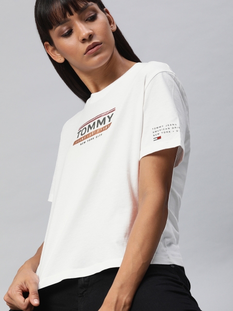 

Tommy Hilfiger Women White Solid Round Neck T-shirt with Printed Detail