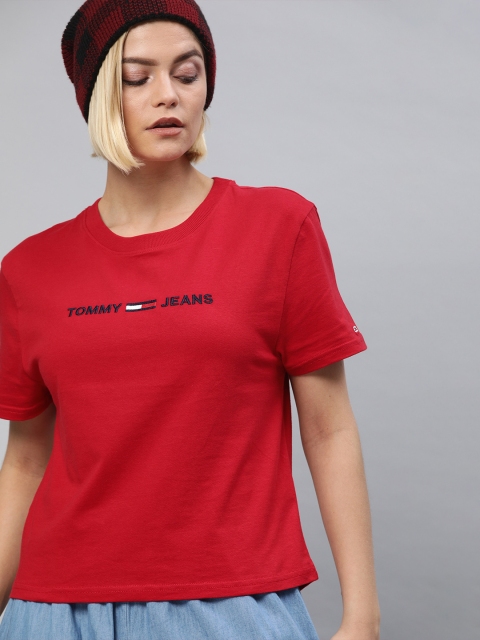 

Tommy Hilfiger Women Red Solid Embroidered Logo Round Neck T-shirt
