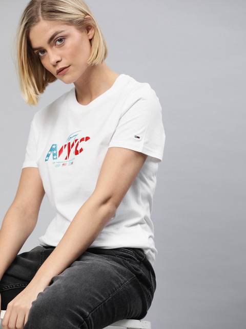 

Tommy Hilfiger Women White Solid Round Neck T-shirt with Printed Detail