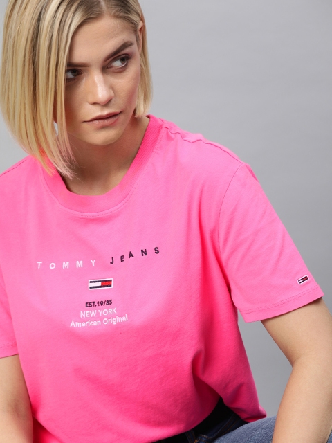 

Tommy Hilfiger Women Pink Solid Boxy Round Neck T-shirt with Embroidered Detail