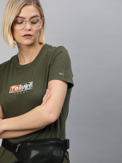 

Tommy Hilfiger Women Olive Green Solid Round Neck T-shirt with Embroidered Detail