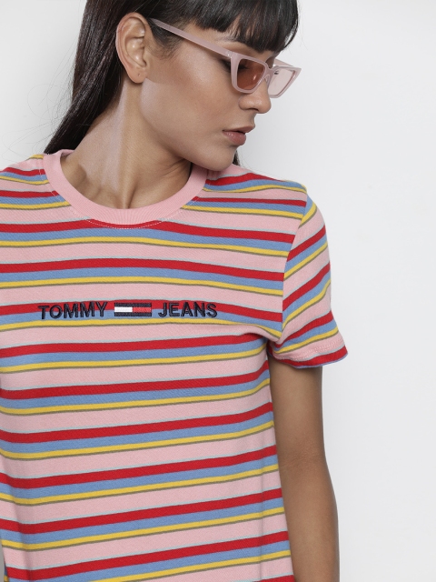 

Tommy Hilfiger Women Pink & Red Striped Round Neck T-shirt