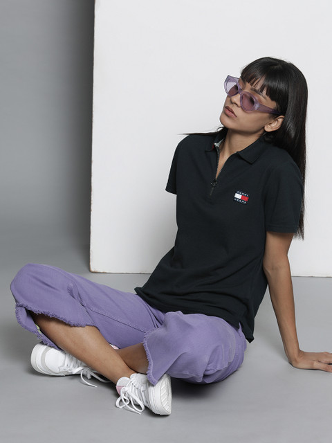 

Tommy Hilfiger Women Black Solid Polo Collar T-shirt with Applique