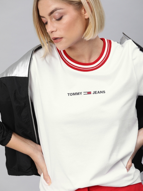 

Tommy Hilfiger Women White Solid Round Neck T-shirt with Stripped Collar