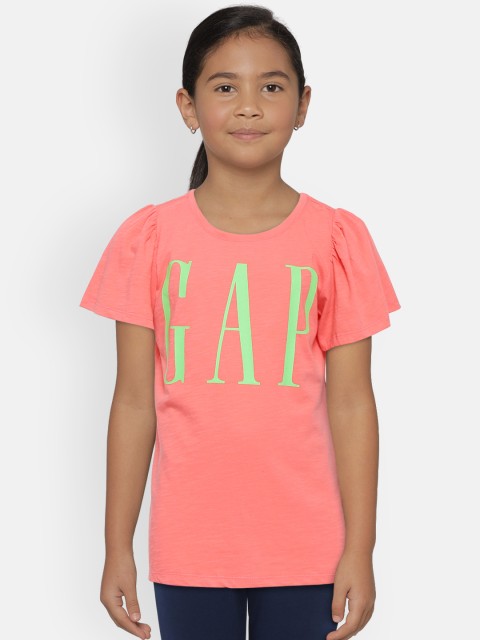 

GAP Girls Coral Pink Brand Logo Print Pure Cotton Top