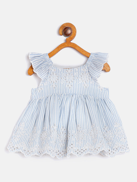 

GAP Girls Blue & White Striped Fit & Flare Dress with Schiffli Embroidered Detail