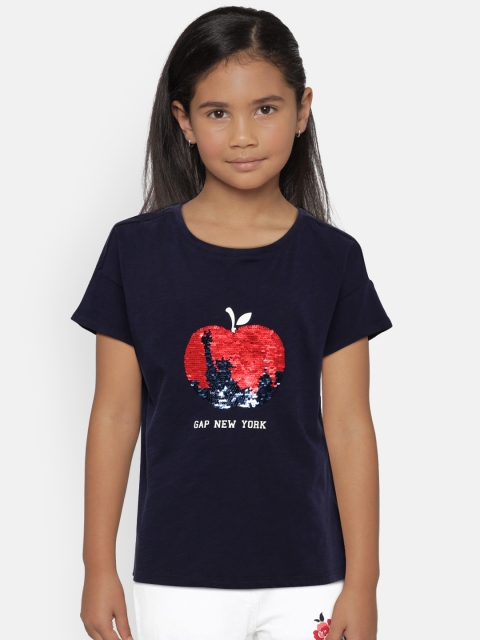 

GAP Girls Navy Blue New York Flip Sequinned Round Neck T-shirt
