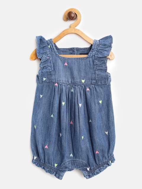 

GAP Girls Blue & Pink Washed & Heart Embroidered Chambray Rompers