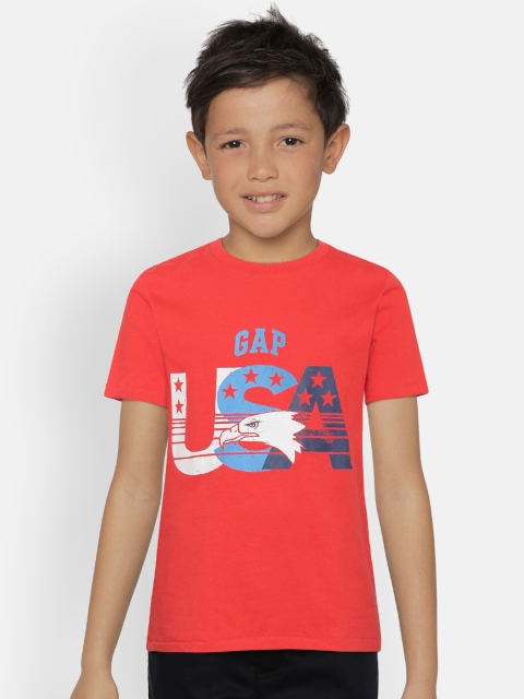 

GAP Boys Coral Orange & Blue Printed Round Neck T-shirt
