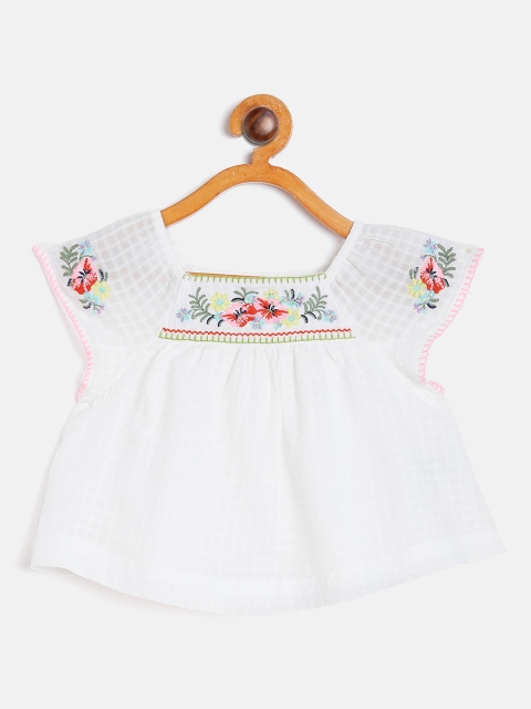 

GAP Girls White Self Checked A-Line Pure Cotton Top with Embroidered Detail