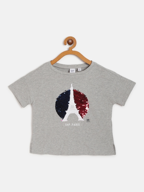 

GAP Girls Grey Melange Eiffel Tower Flip Sequinned Round Neck Pure Cotton T-shirt