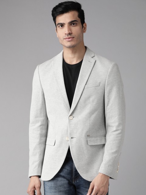 

Blackberrys Men Grey Melange Self Design Slim Fit Smart Casual Pure Cotton Blazer