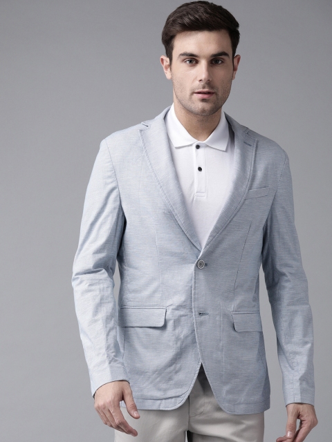 

Blackberrys Men Blue & White Slim Fit Self-Checked Single-Breasted Smart Casual Pure Cotton Blazer