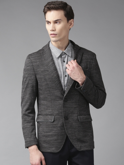 

Blackberrys Men Charcoal Grey Self-Striped Slim Fit Single-Breasted Smart Casual Blazer