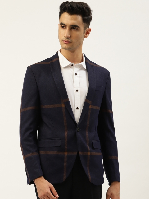

Blackberrys Men Navy Blue & Brown Slim Fit Checked Single-Breasted Casual Blazer