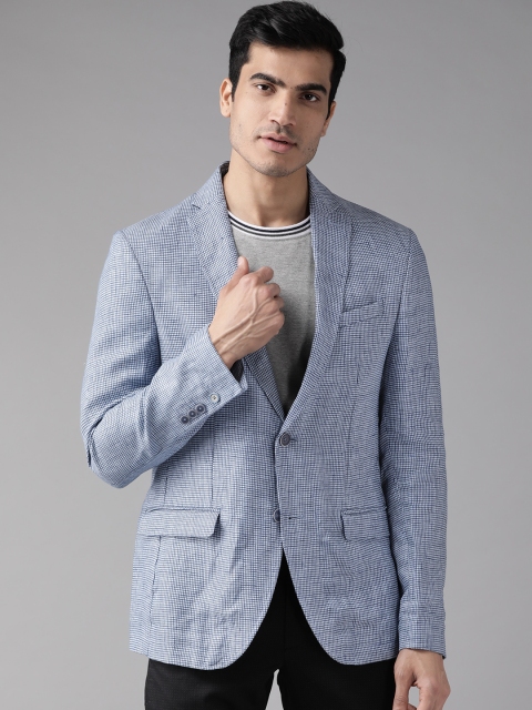 

Blackberrys Men Blue & White Slim Fit Linen Self-Checked Single-Breasted Blazer