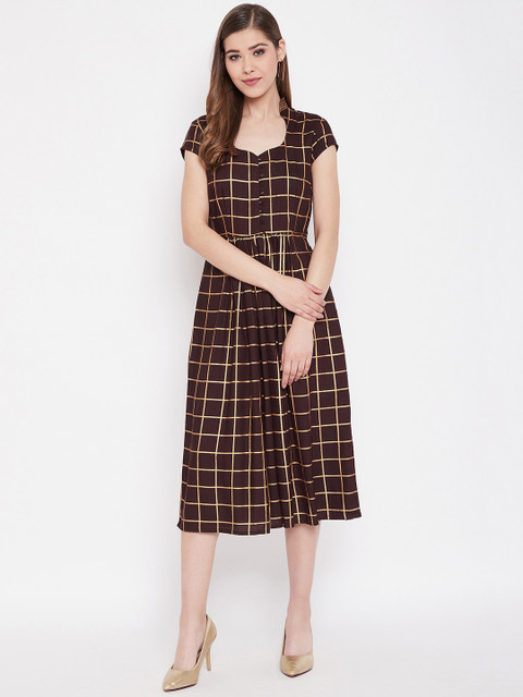 

MABISH by Sonal Jain Women Coffee Brown & Golden Hand Blocked Checked A-Line Dress