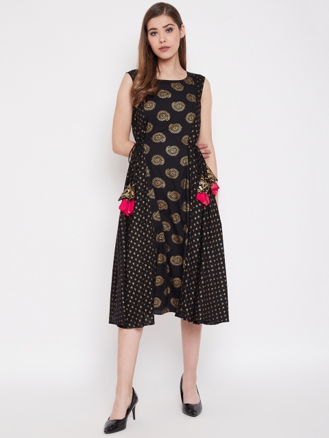 

MABISH by Sonal Jain Women Black & Golden Hand Block Printed A-Line Dress