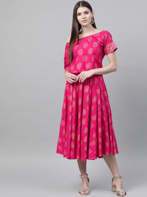

MABISH by Sonal Jain Women Pink & Golden Hand Block Printed One Shoulder A-Line Dress