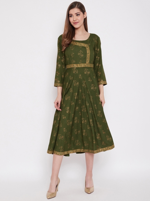 

MABISH by Sonal Jain Women Olive Green & Golden Hand Block Print A-Line Dress