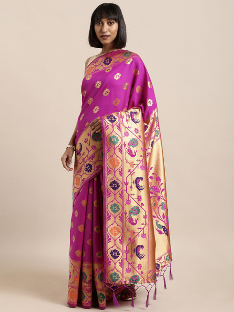 

Mitera Pink & Gold-Toned Art Silk Woven Design Banarasi Saree
