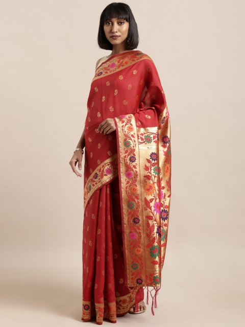 

Mitera Red & Gold-Toned Art Silk Woven Design Banarasi Saree