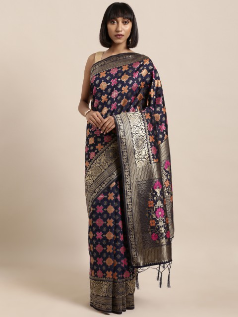 

Mitera Navy Blue & Gold-Toned Art Silk Woven Design Banarasi Saree
