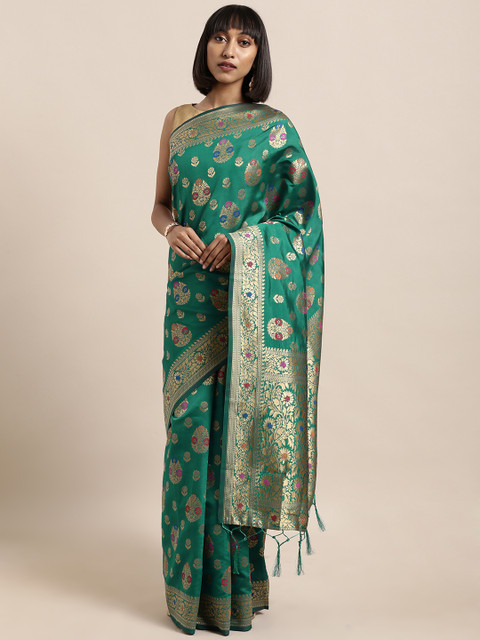 

Mitera Green & Gold-Toned Art Silk Woven Design Banarasi Saree