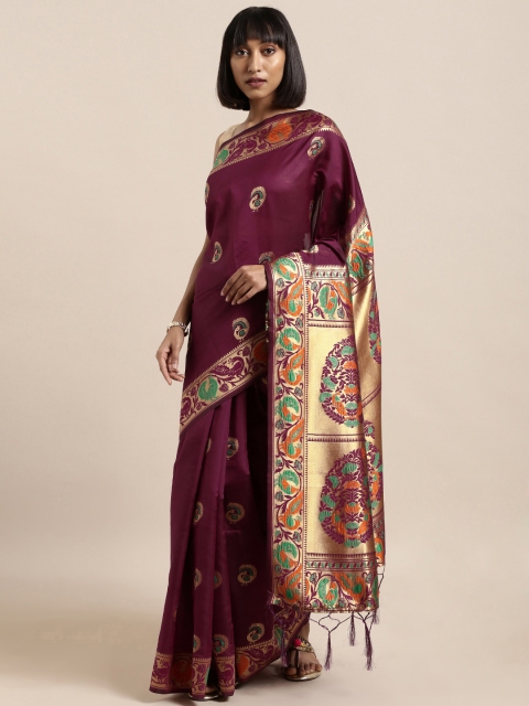 

Mitera Magenta & Gold-Toned Art Silk Woven Design Banarasi Saree