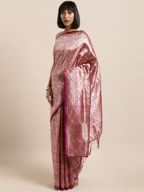 

Mitera Pink & Gold-Toned Art Silk Woven Design Banarasi Saree