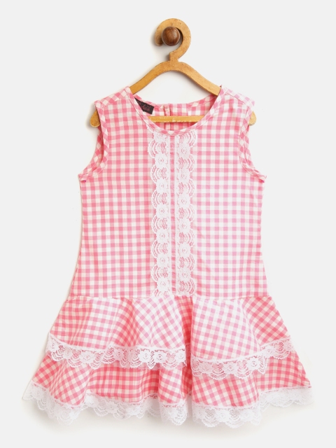 

pspeaches Girls Pink & White Checked Drop-Waist Dress