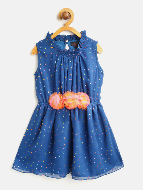 

pspeaches Girls Blue Printed Fit and Flare Dress with Applique Detail
