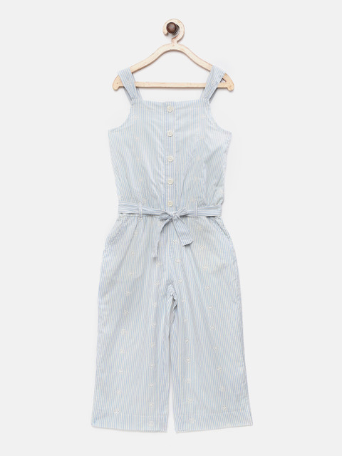 

GAP Girls Blue & White Striped Basic Jumpsuit with Schiffli Embroidered Detail
