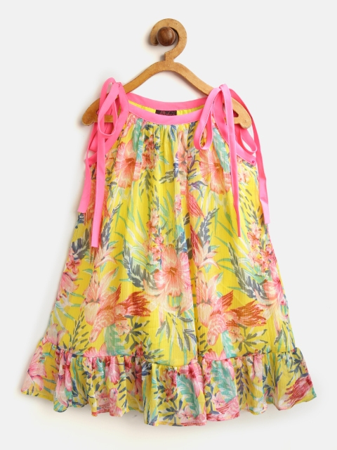 

pspeaches Girls Yellow & Pink Printed A-Line Dress